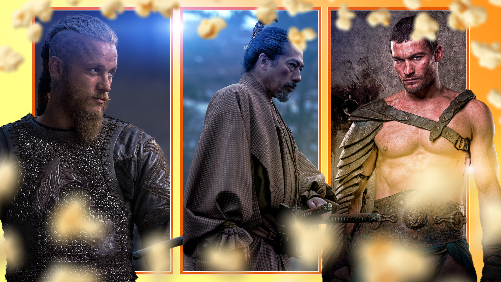 Characters from Vikings, Shōgun, and Spartacus featured side by side, surrounded by floating popcorn.