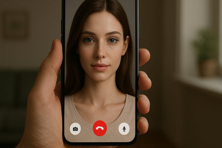 An AI-generated woman appears on a phone call.