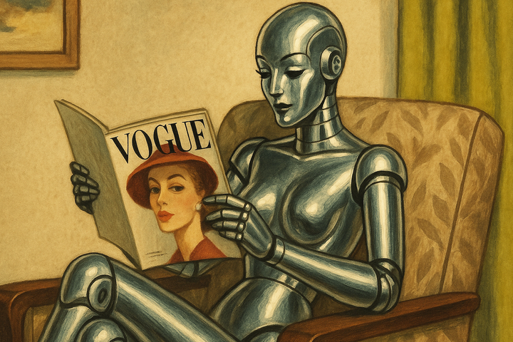An AI-generated image of a silver female-presenting robot sitting on a chair and reading Vogue Magazine.