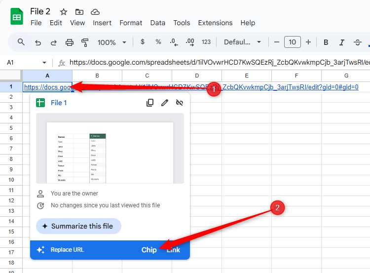 Chip is selected in the in-cell link pop-up window in Google Sheets.