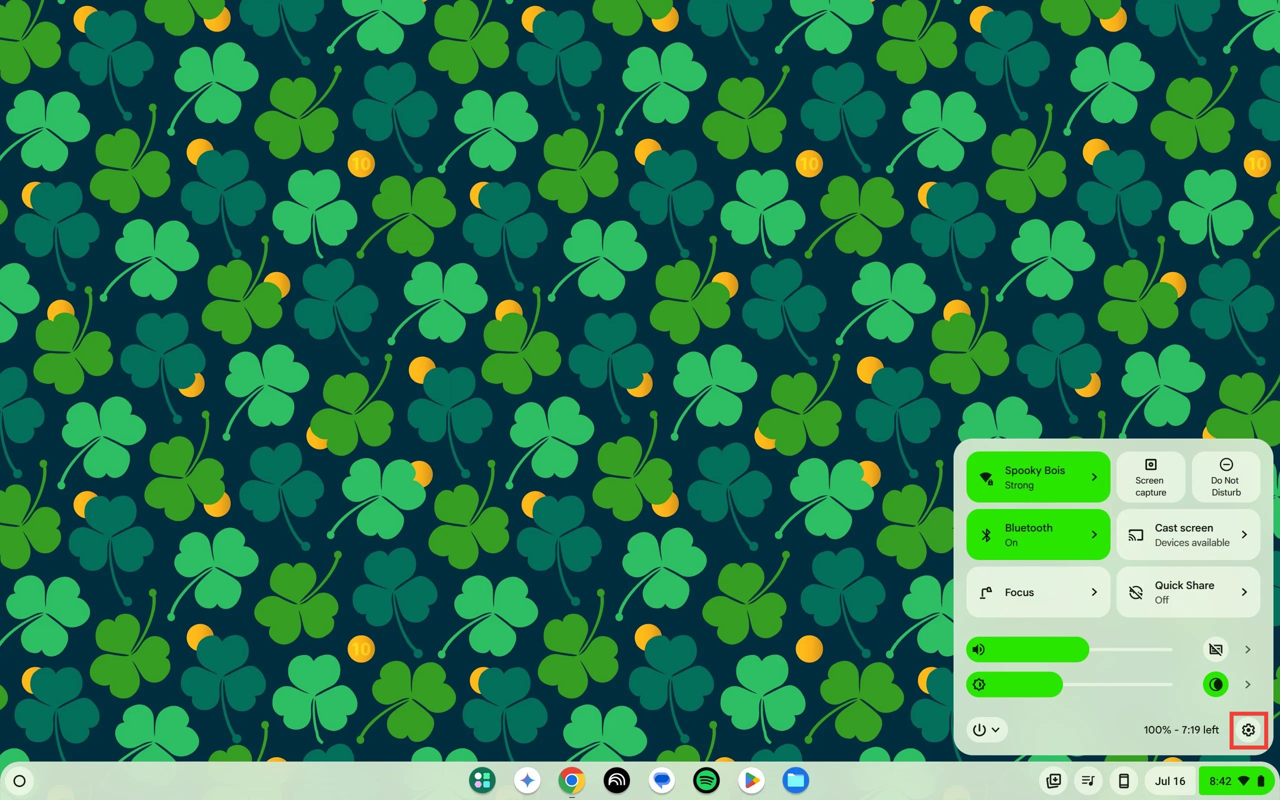 The Chromebook Quick Settings menu with the settings gear highlighted