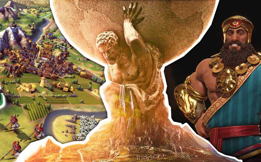 Civilization 6 man holding a boulder in between gilgamesh the leader and a city preparing for war