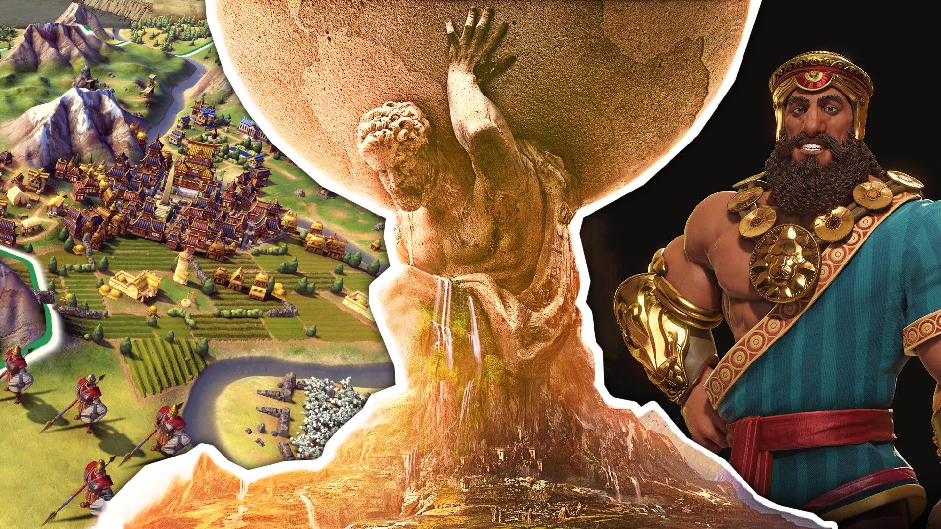 Civilization 6 man holding a boulder in between gilgamesh the leader and a city preparing for war