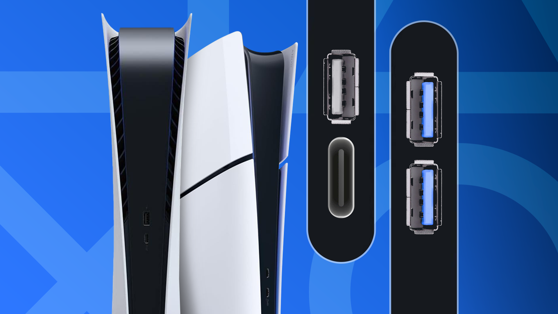 Close-up of PlayStation 5 consoles highlighting their USB-A and USB-C ports.
