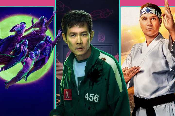 Collage featuring characters from What We Do in the Shadows, Squid Game and Cobra Kai.