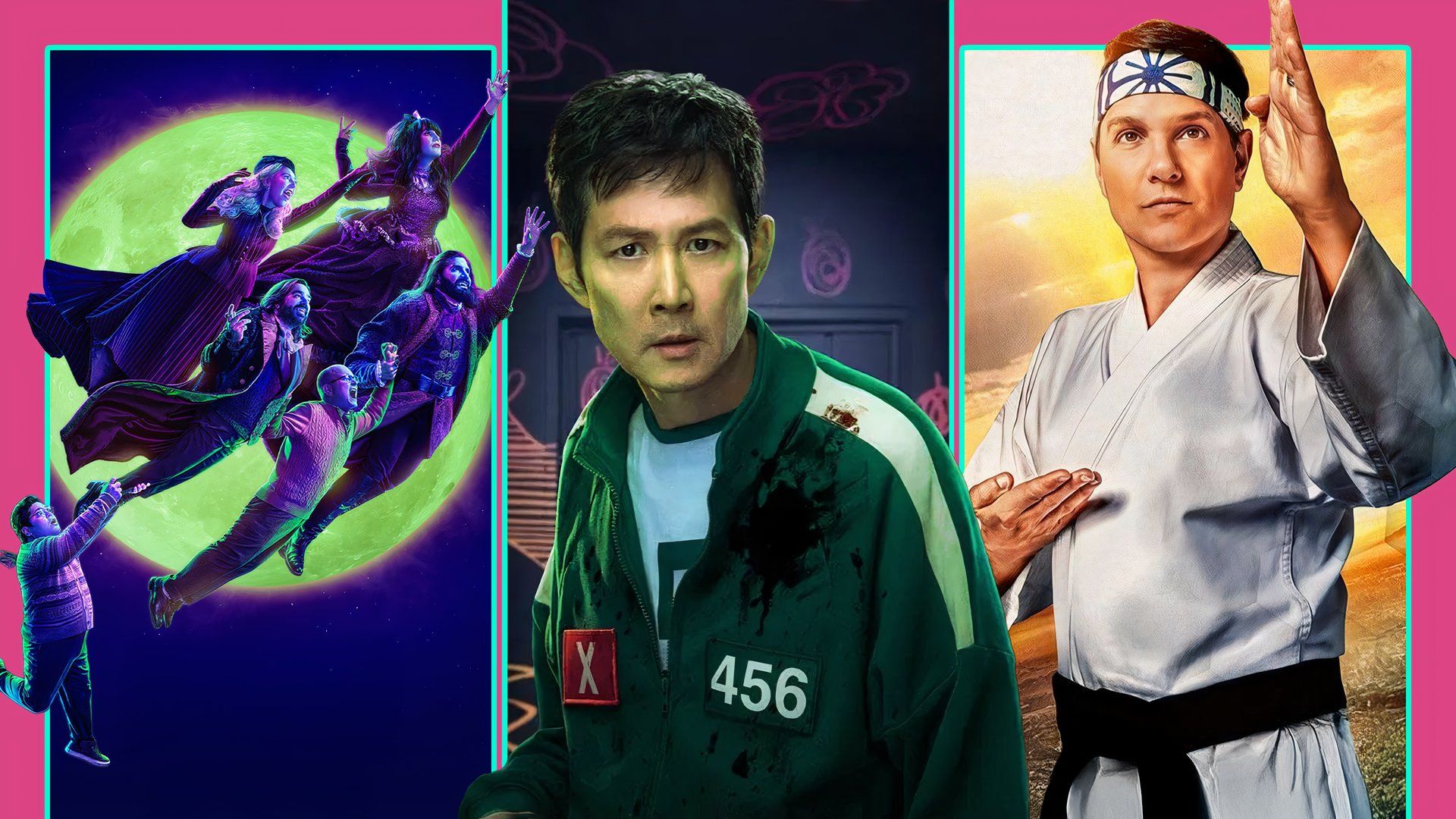 Collage featuring characters from What We Do in the Shadows, Squid Game and Cobra Kai.