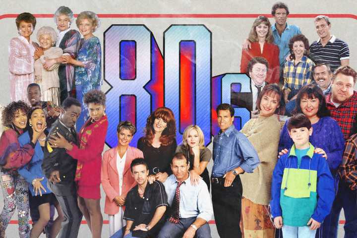 Collage featuring classic 1980s sitcoms surrounding the word '80s'.