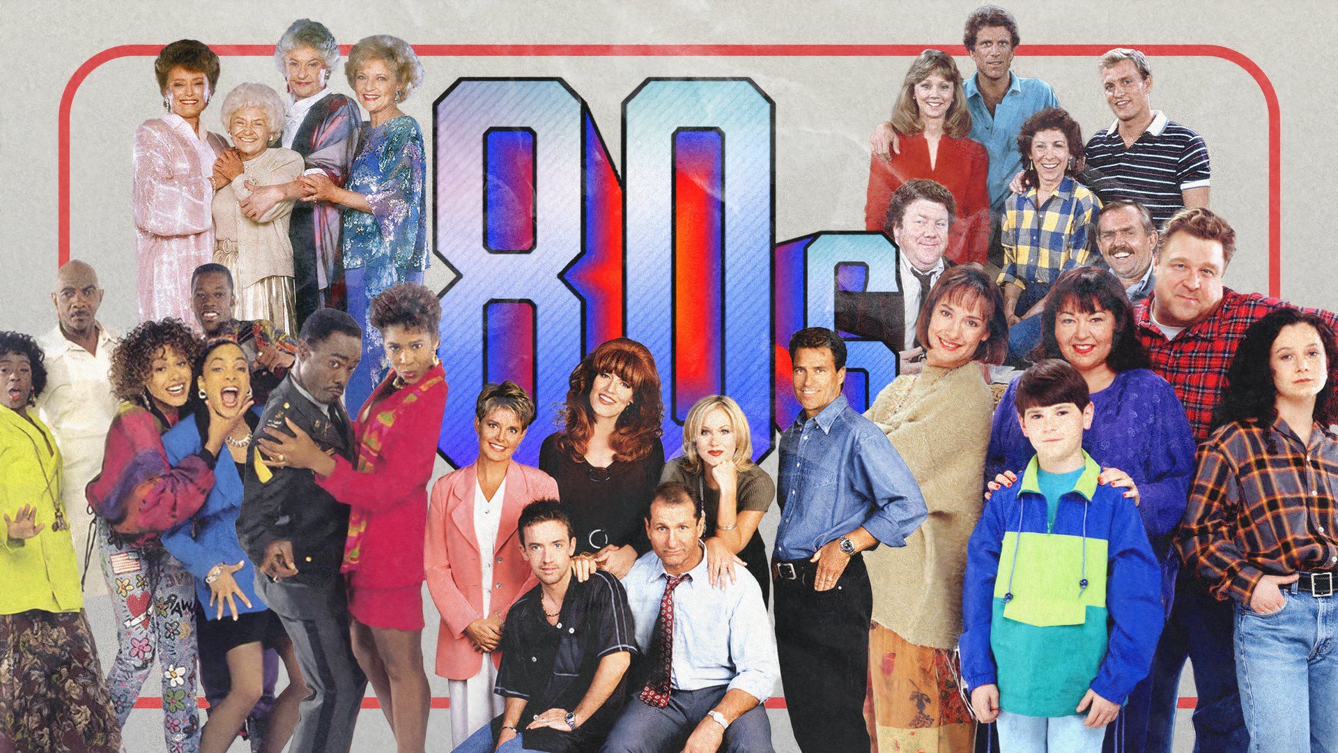 Collage featuring classic 1980s sitcoms surrounding the word '80s'.