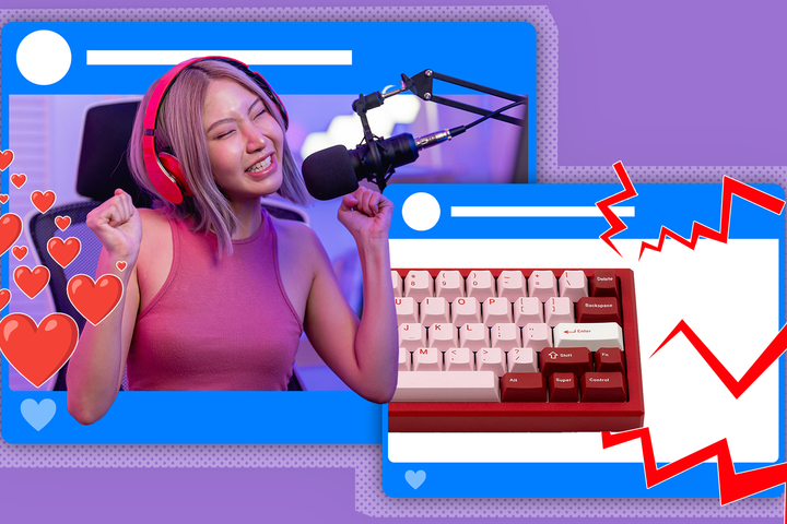 Collage of a happy influencer receiving lots of likes, with a mechanical keyboard next to her and noise icons around.