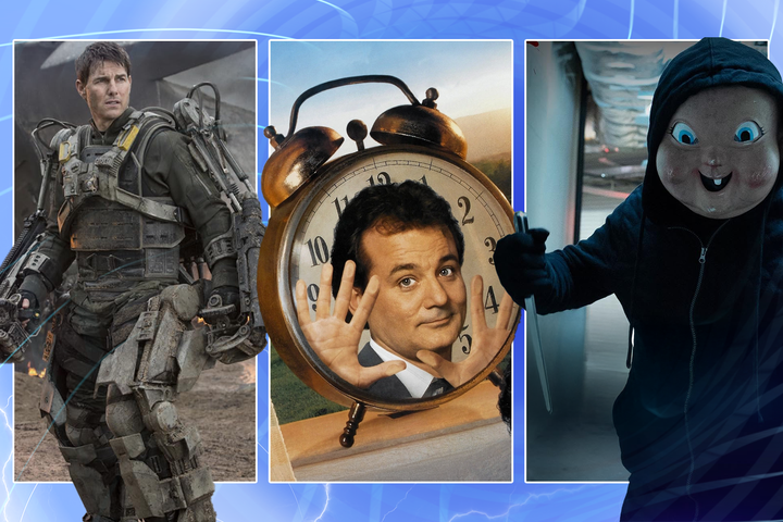 Collage of time-loop movies featuring Edge of Tomorrow, Groundhog Day, and Happy Death Day.