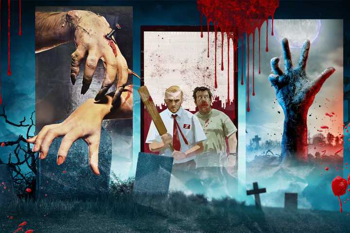 Collage set in a graveyard, featuring covers of zombie movies and blood splatters scattered around.