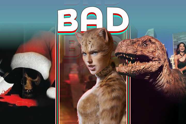 Collage with the word 'BAD' on top, featuring scenes from Cats, Tammy and the T-Rex, and Silent Night, Deadly Night Part 2.