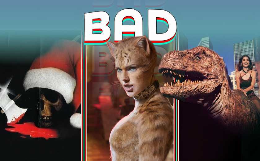 Collage with the word 'BAD' on top, featuring scenes from Cats, Tammy and the T-Rex, and Silent Night, Deadly Night Part 2.