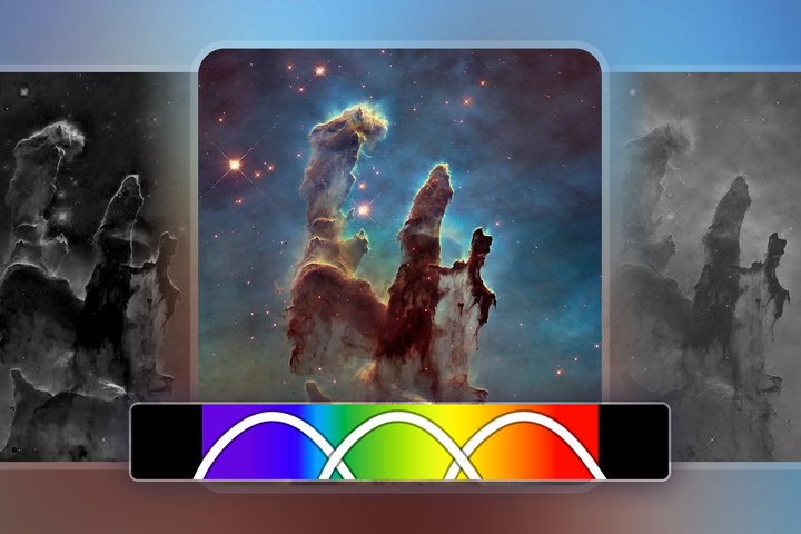 Comparative image of the 'Pillars of Creation' showing, on the left and right, monochromatic images captured in different light spectra, and in the center, the digitally composed color version.