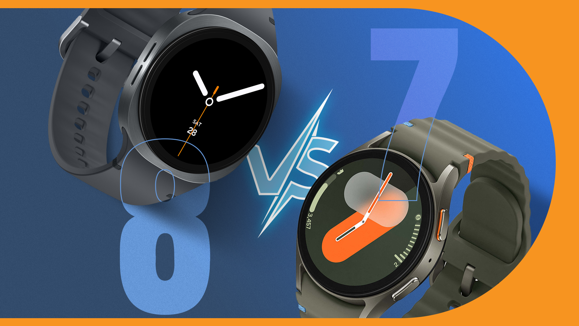 Comparison image of the Galaxy Watch 8 and the Galaxy Watch 7 with a 'VS' graphic between them.