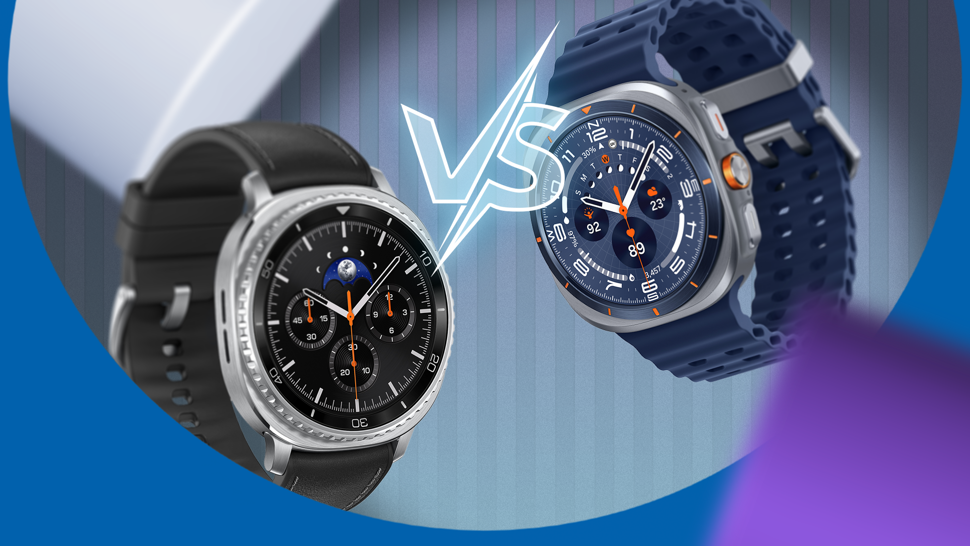 Comparison image of the Galaxy Watch 8 Classic and the Galaxy Watch Ultra with a 'VS' graphic between them.