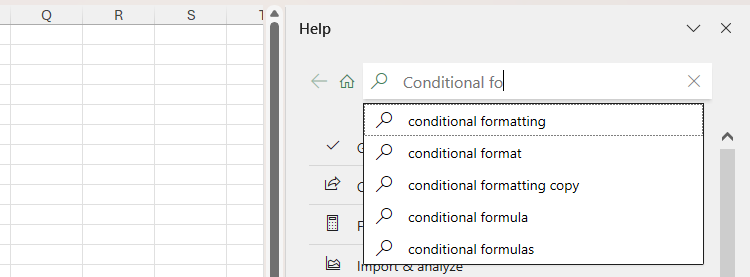 'Conditional fo' is typed into the Excel Help pane text field, and relevant suggests appear below.