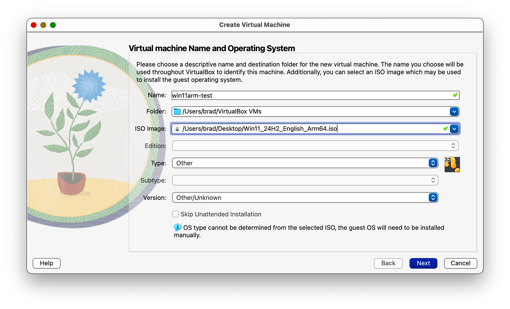 Creating a new VirtualBox Virtual Machine for Windows 11 on ARM.