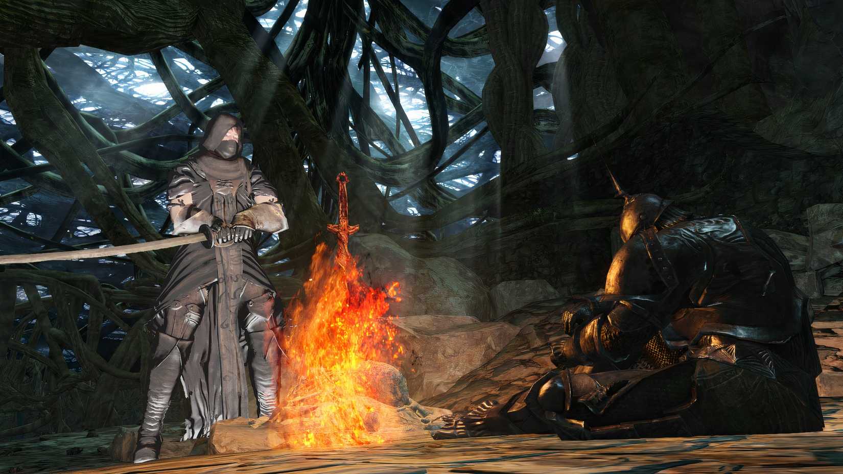 Resting at a Bonfire in Dark Souls 2.