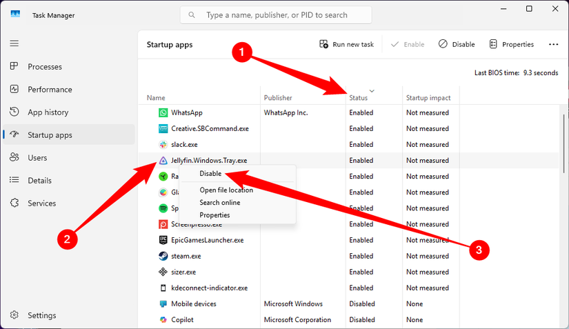 Sorting the apps by startup status, then disabling one application as an example.