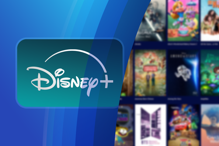 Disney+ logo displayed on a blue gradient background, with blurred shows in the background.