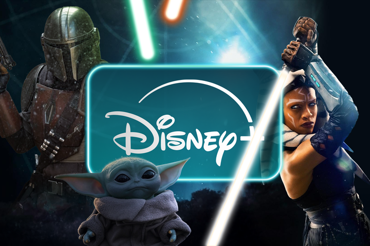 Disney+ logo with The Mandalorian, Baby Yoda, and Ahsoka next to it.