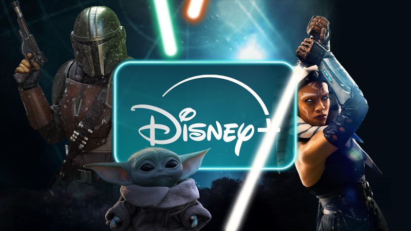 Disney+ logo with The Mandalorian, Baby Yoda, and Ahsoka next to it.