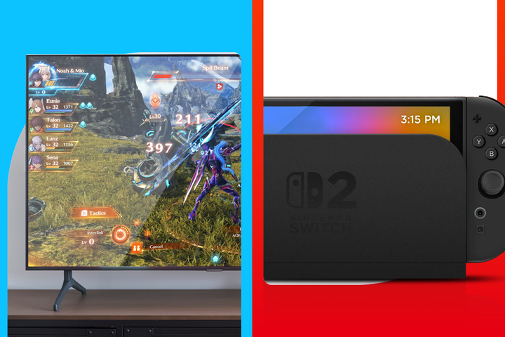 Divided image showing a TV on the left displaying a Nintendo Switch game, and a Nintendo Switch 2 console docked on the right, with red and blue background colors.