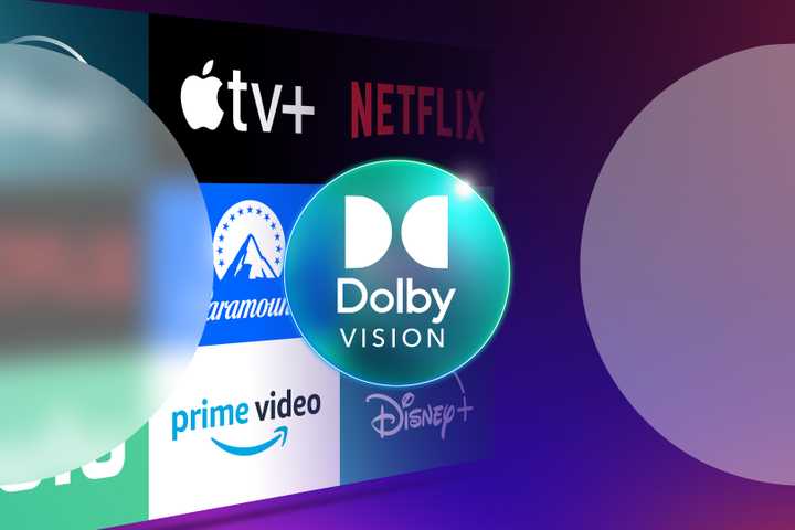 Dolby Vision logo and the logos of some streaming services in the background.
