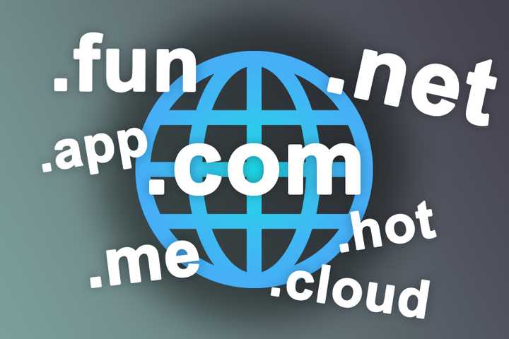 A blue globe surrounded by various domain extensions like .com, .net, .fun, and .cloud.