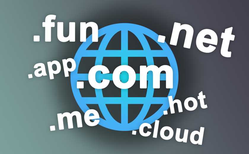 A blue globe surrounded by various domain extensions like .com, .net, .fun, and .cloud.