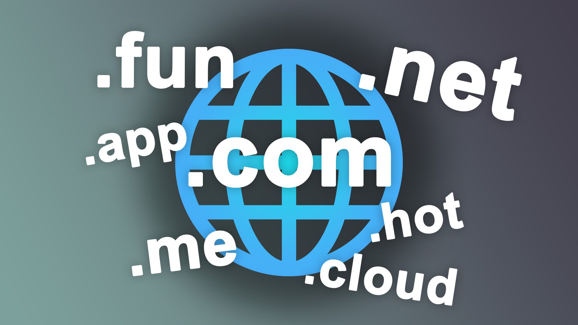 A blue globe surrounded by various domain extensions like .com, .net, .fun, and .cloud.
