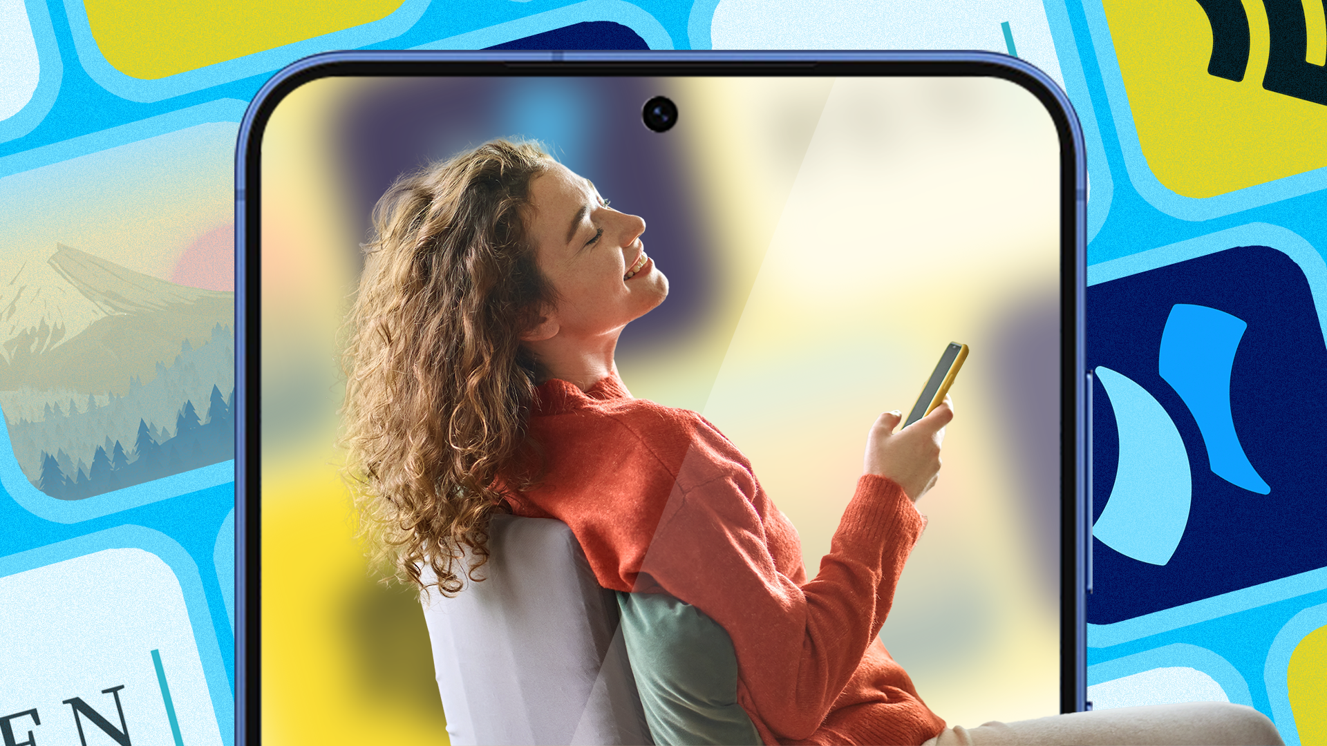 Woman leaning back and smiling peacefully while holding a smartphone, shown inside the frame of a phone screen, with app icons in the background.