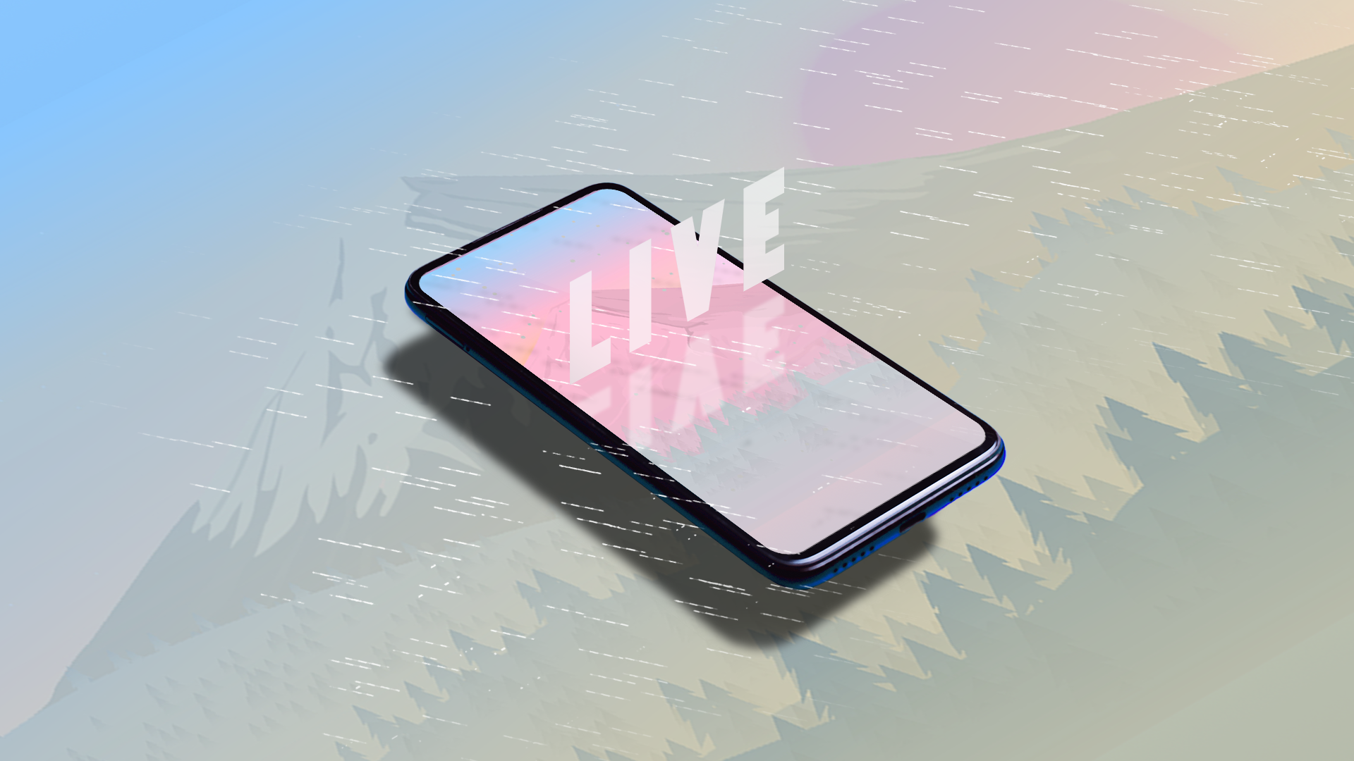 Smartphone displaying a live wallpaper with abstract mountains and animated weather effects, with the word 'LIVE' floating above the screen.