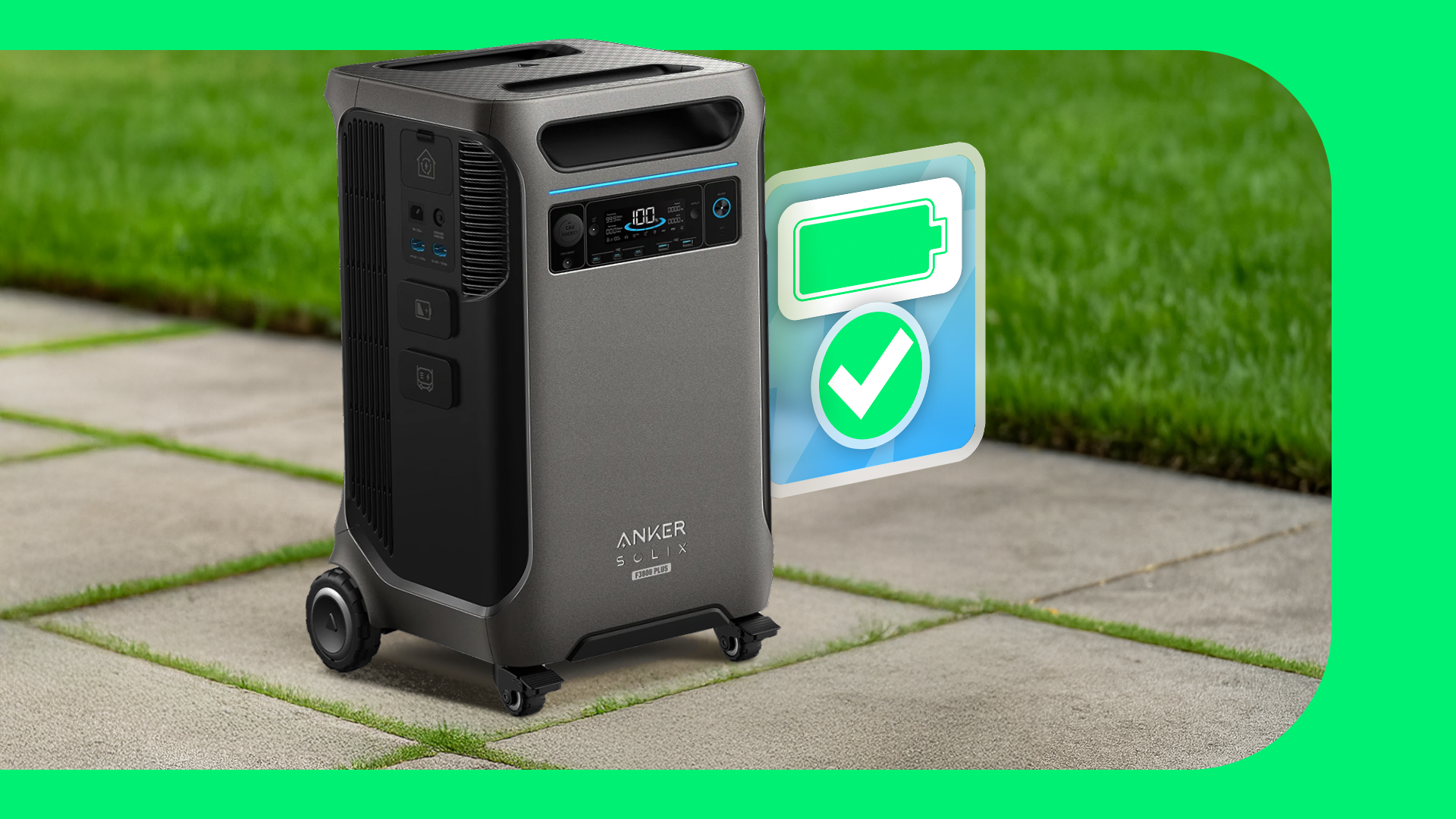 Portable Anker power station positioned on a paved outdoor surface, with a floating graphic of a green battery icon and checkmark beside it.