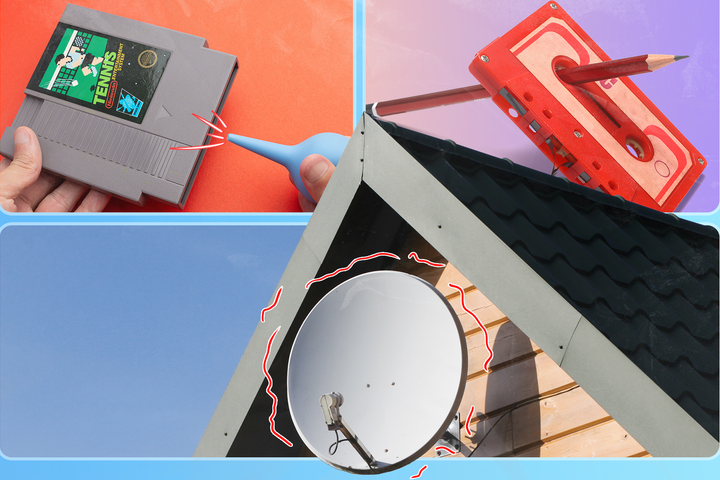 Collage showing a game cartridge being cleaned with air, a pencil rewinding a cassette tape, and a satellite dish on a rooftop.
