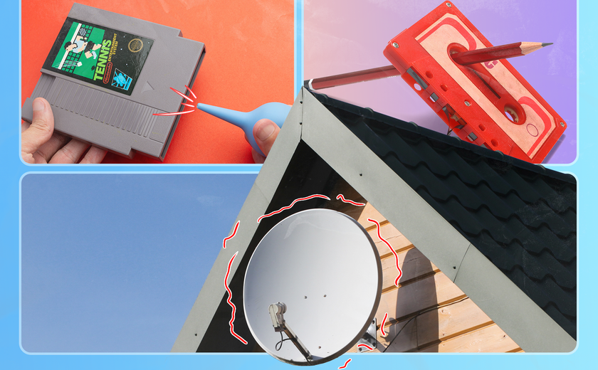 Collage showing a game cartridge being cleaned with air, a pencil rewinding a cassette tape, and a satellite dish on a rooftop.