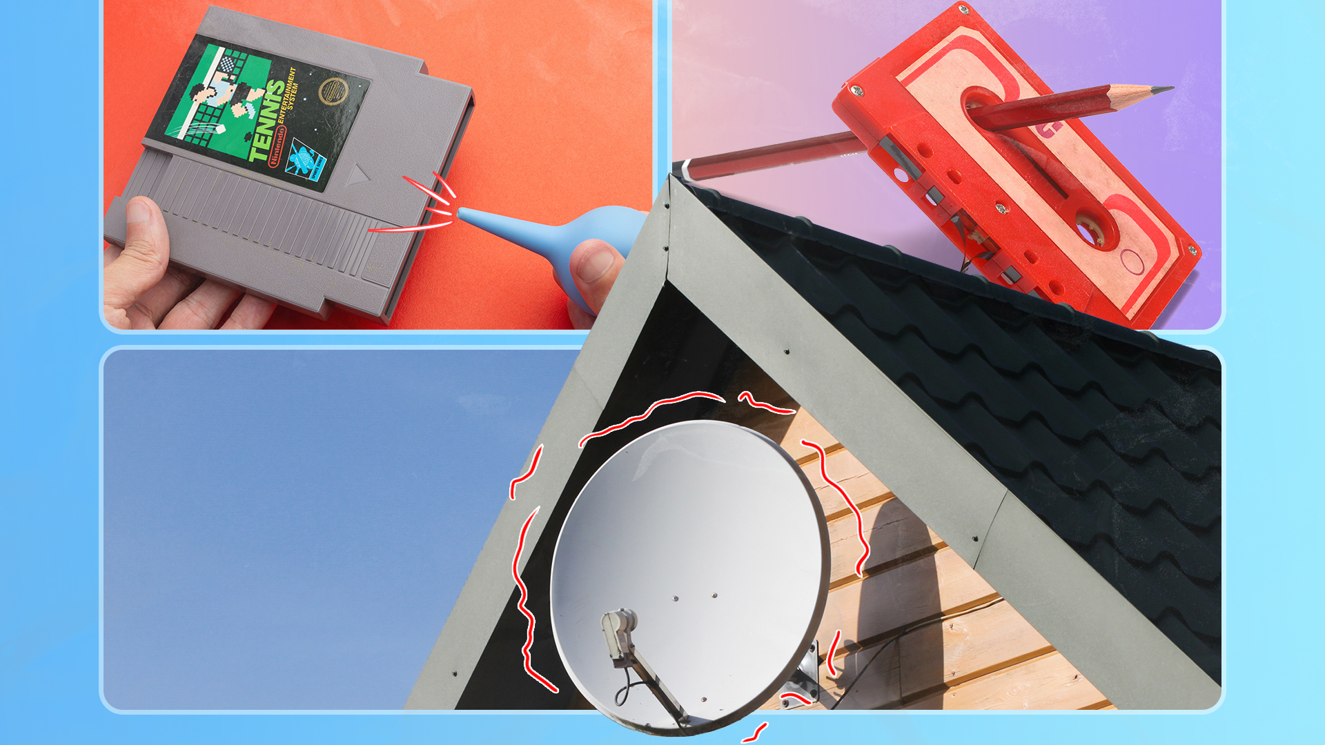 Collage showing a game cartridge being cleaned with air, a pencil rewinding a cassette tape, and a satellite dish on a rooftop.