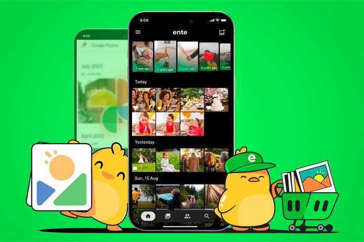 Ente app on the smartphone screen with its mascot beside it, and a blurred smartphone with Google Photos in the background.