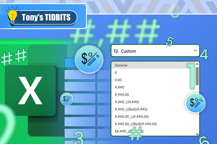 The Excel interface highlighting custom formatting, numbers around the screen, and the Excel logo on the left.