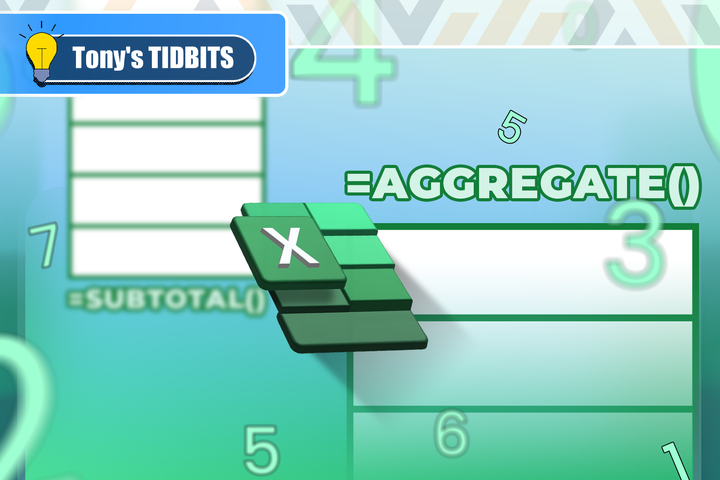 Excel logo at the center with the SUBTOTAL formula blurred on the left and AGGREGATE formula on the right, surrounded by several numbers.