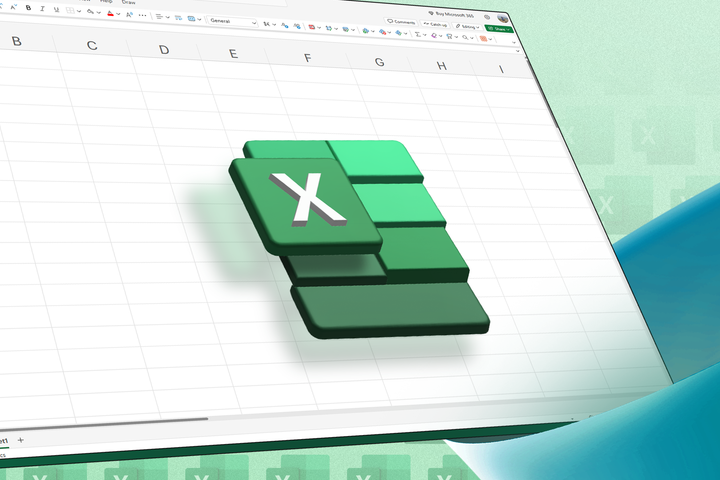 Excel logo in front of an empty spreadsheet.