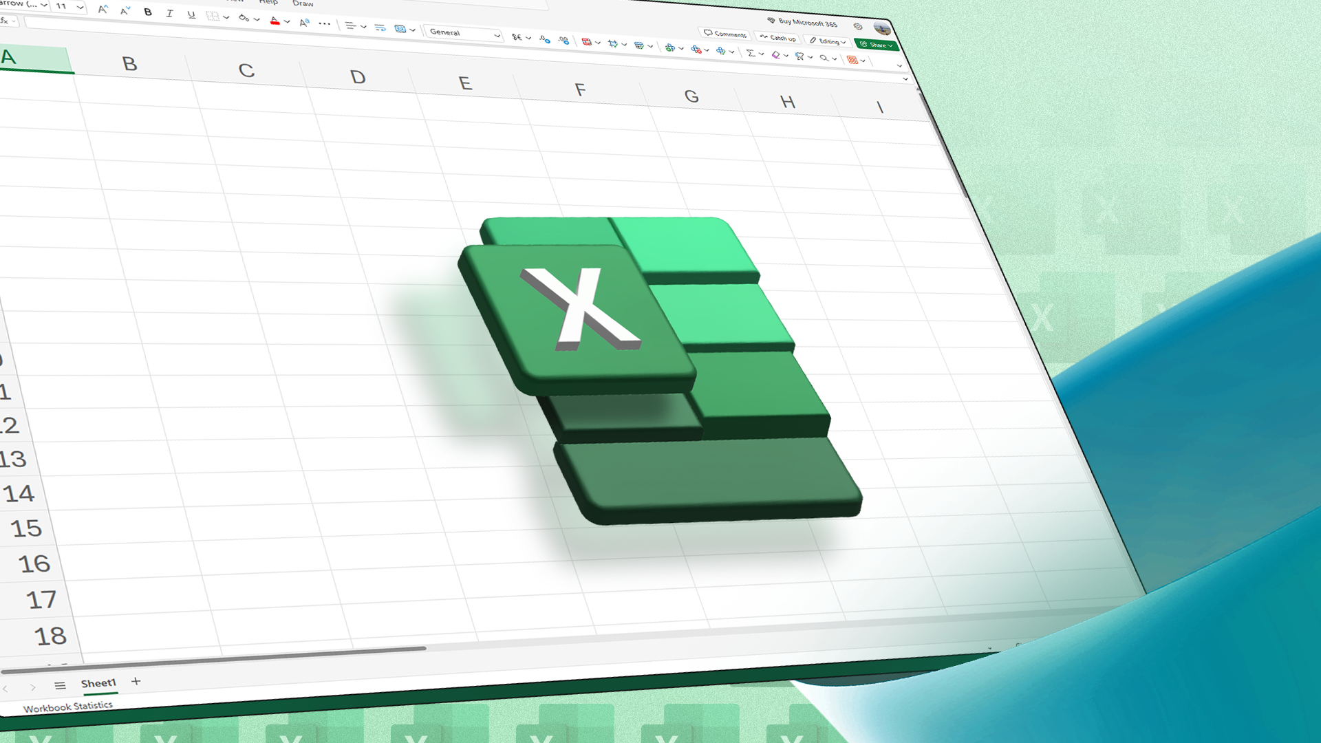 Excel logo in front of an empty spreadsheet.