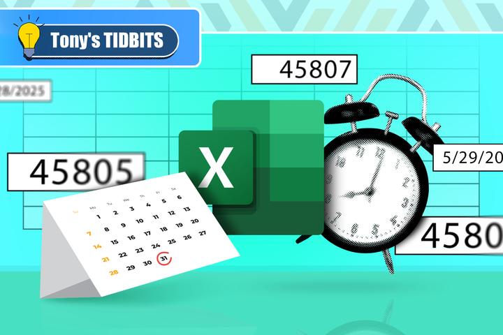 Excel logo with a calendar on the left, a clock on the right, and some dates and serial numbers around.