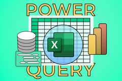Excel logo with a spreadsheet in the background, some charts around it, and 'Power Query' written.