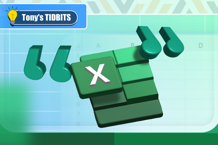 Excel logo with large double quote symbols floating above a spreadsheet background.