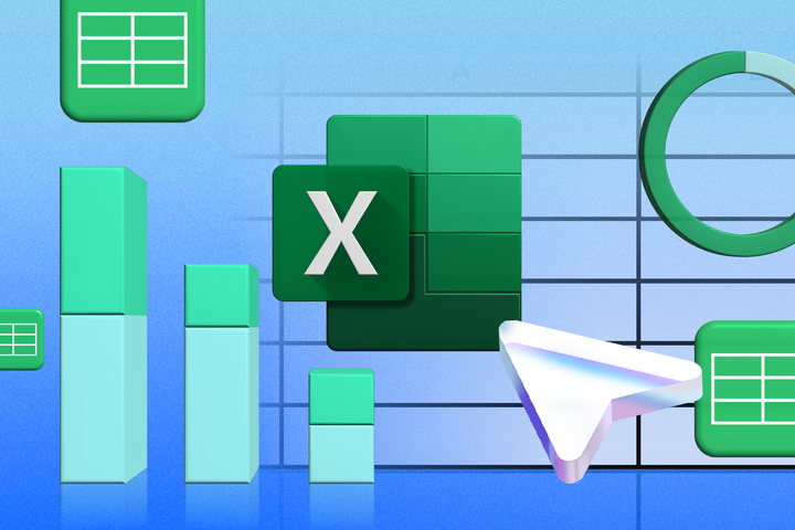 Excel logo with some charts and icons around it and a table in the background.