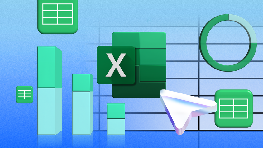 Excel logo with some charts and icons around it and a table in the background.