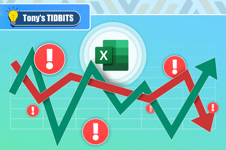 Excel logo with two interlaced zigzag charts and several alert icons around them.