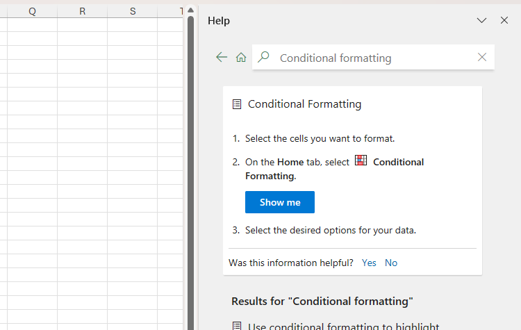 Excel's Help pane showing tips for using conditional formatting.